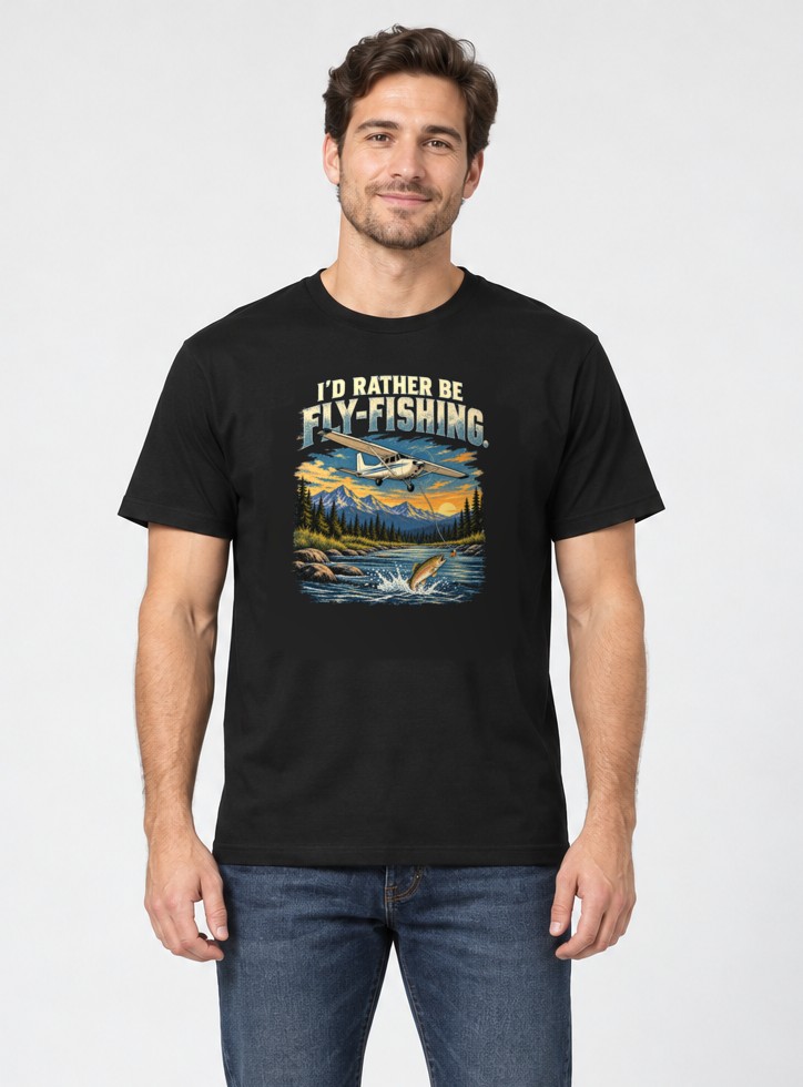 Model wearing the I'd Rather Be Fly-Fishing tee: a Cessna over a mountain river with a trout leaping