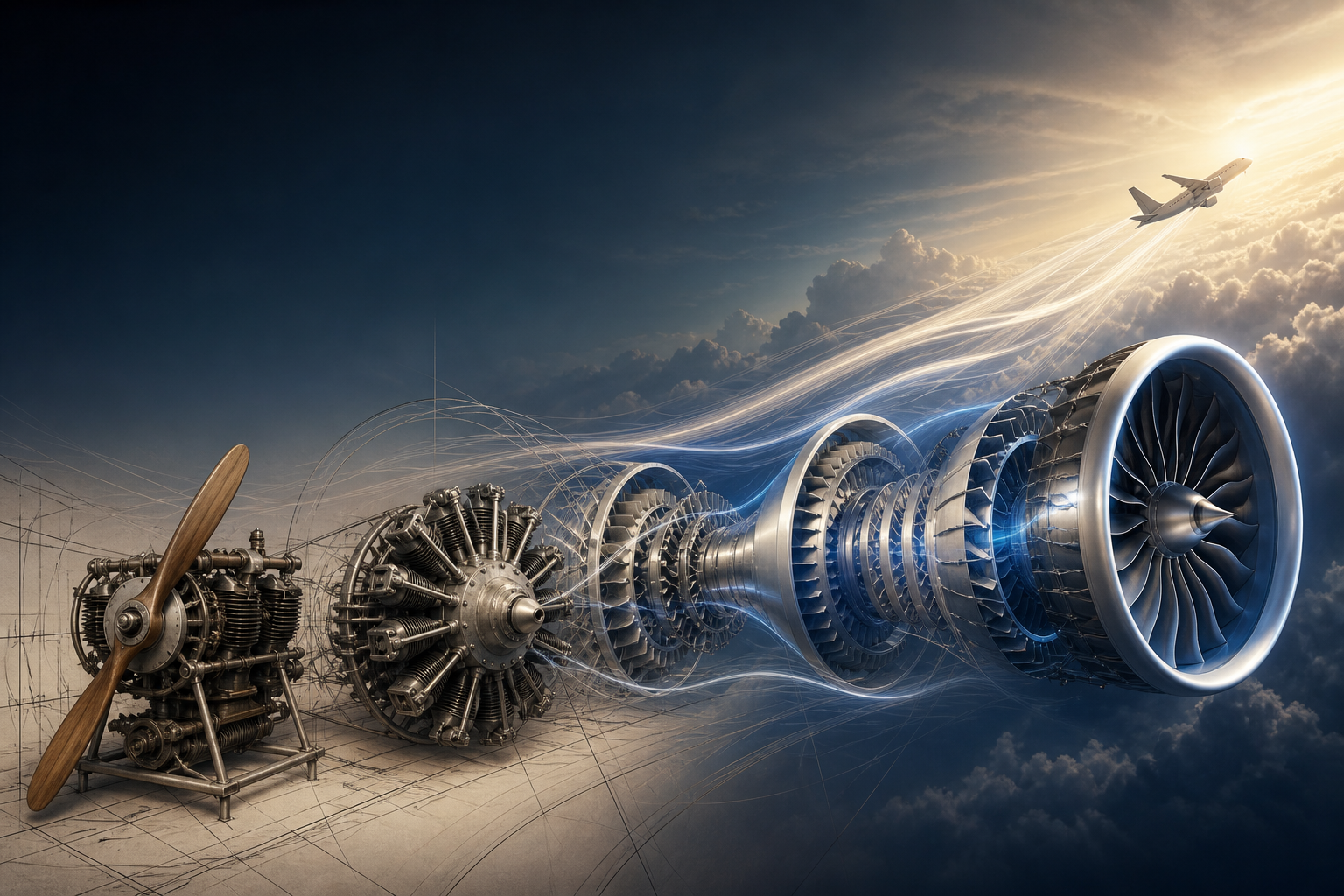 The evolution of aircraft propulsion from early piston engines to modern turbine power and a climbing airliner