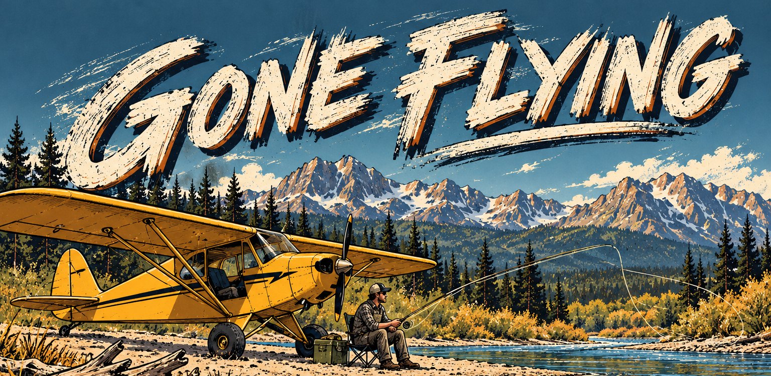 Gone Flying: a yellow bush plane parked on a gravel bar while a pilot fly-fishes a mountain river.